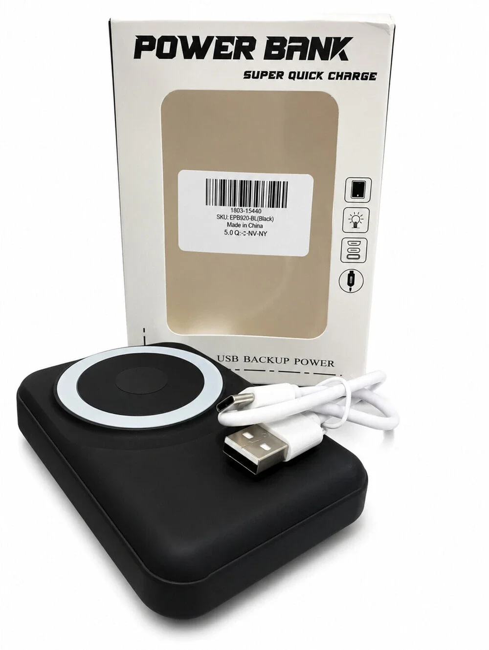 Wireless Power Bank Black Magnetic Surface & USB-C Charging Cable Super Quick